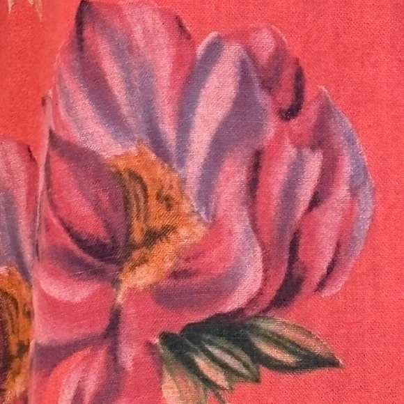 Bella Amore Linen Dress Women’s Medium Orange Red Purple Pockets Floral V-Neck - Picture 2 of 13